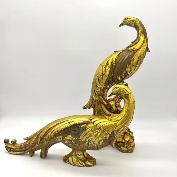 Vintage Syroco Gold Peacock Figurines Pair Hollywood Regency Bird Statues MCM - Picture 3 of 9